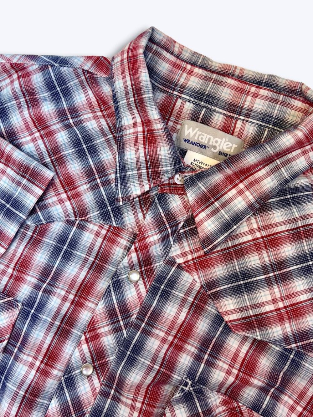Wrangler Wrancher Men XLT Western Pearl Snap Short Sleeve Plaid Shirt Red White